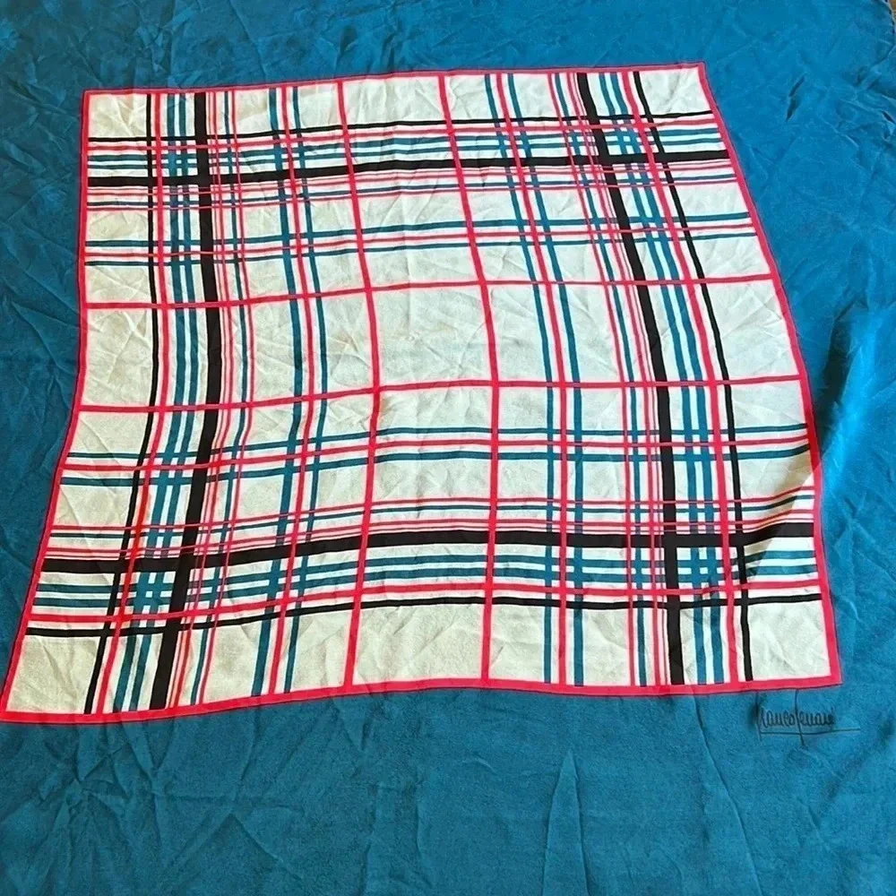 Franco Ferrari Grid Plaid Window Pane Scarf Silk Vintage Turquoise Blue Square